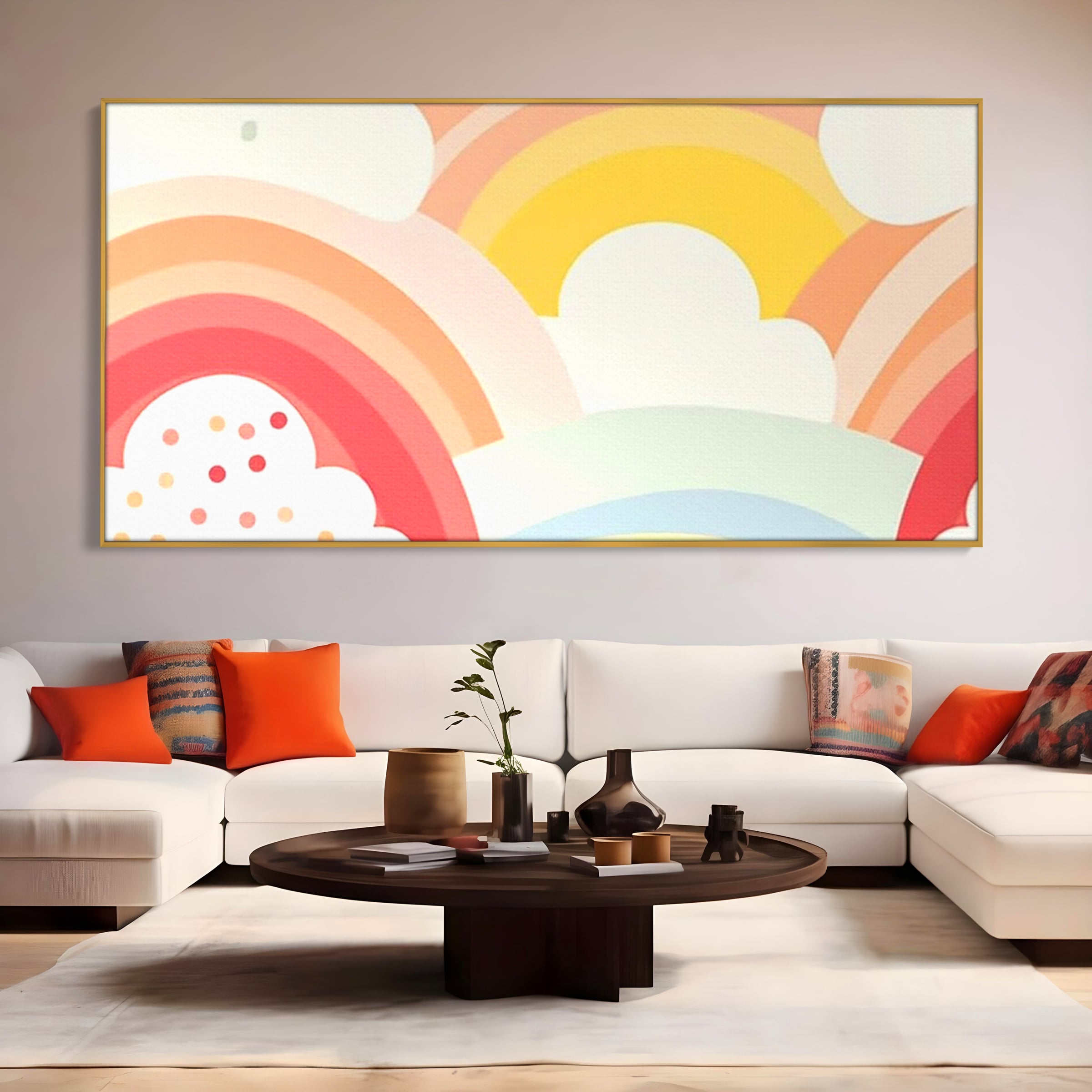 Tablou canvas cu ilustratie digitala cu curcubeu pastel si nori, in rama de aluminiu auriu, pe perete intr-un living